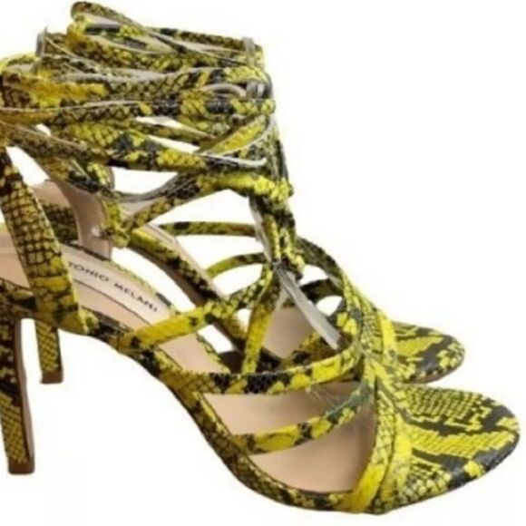 ANTONIO MELANI Vaylyn Snake Print Leather Lace Up Sandal Yellow Black sz 9 - Picture 2 of 10